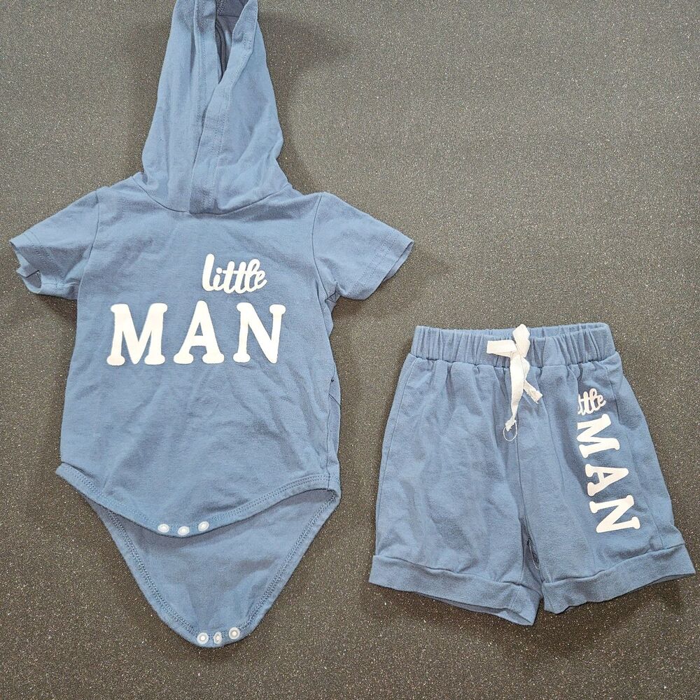 Little Man Outfit Set 9-12M Blue Hooded Romper Shorts Matching Set